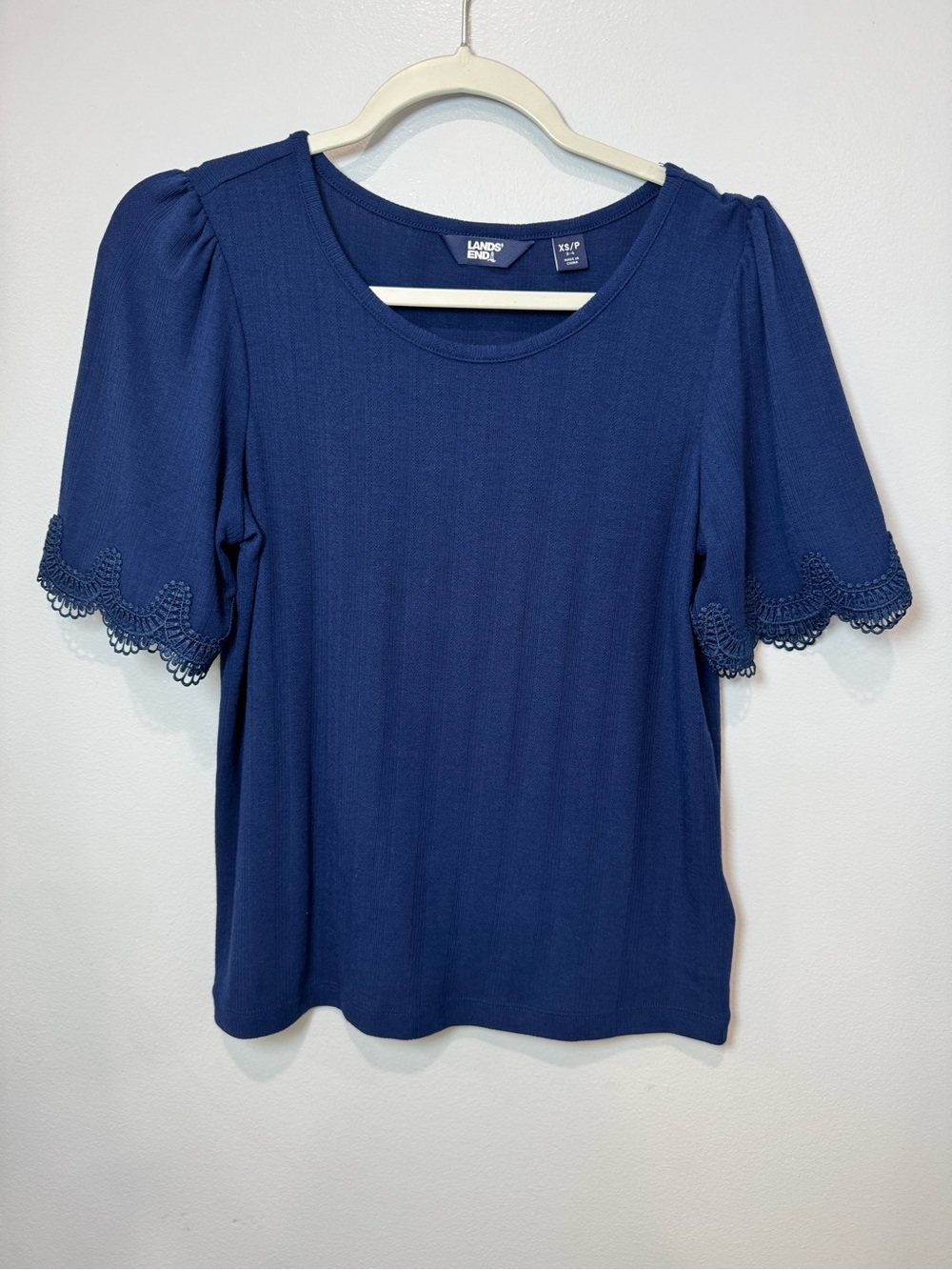Lands’ End Blue Puff Sleeve Lace Trim Top Womens XS/ P Casual Blouse Tee